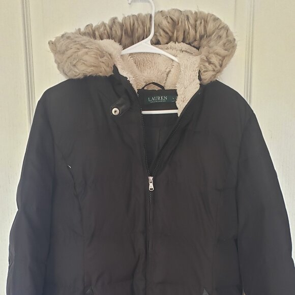 LAUREN Ralph Lauren Hooded Down Coat with Faux Leather size L - Picture 1 of 11